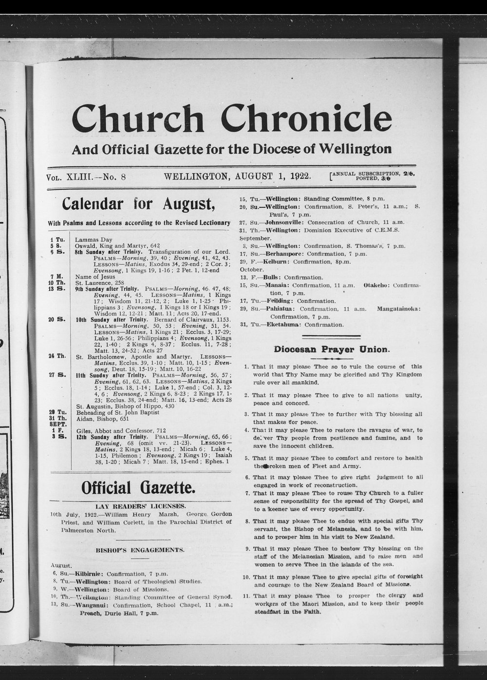 The Church Chronicle, Wellington: 1st August 1922