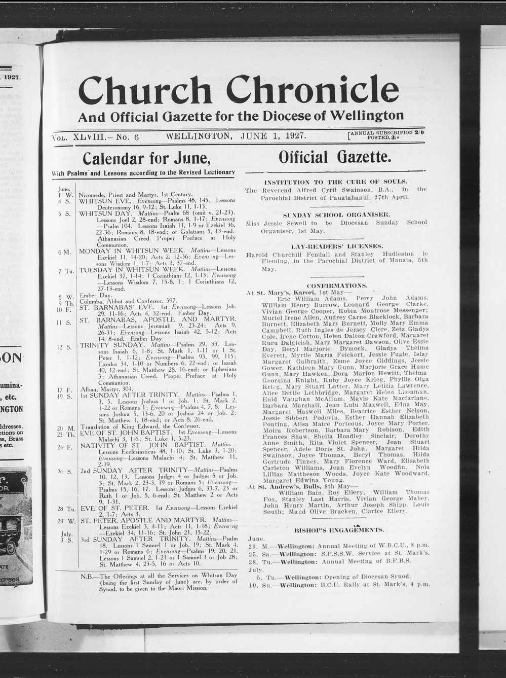 The Church Chronicle, Wellington: 1st June 1927