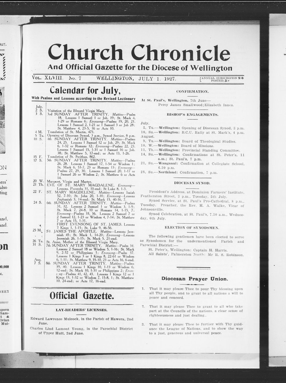 The Church Chronicle, Wellington: 1st July 1927