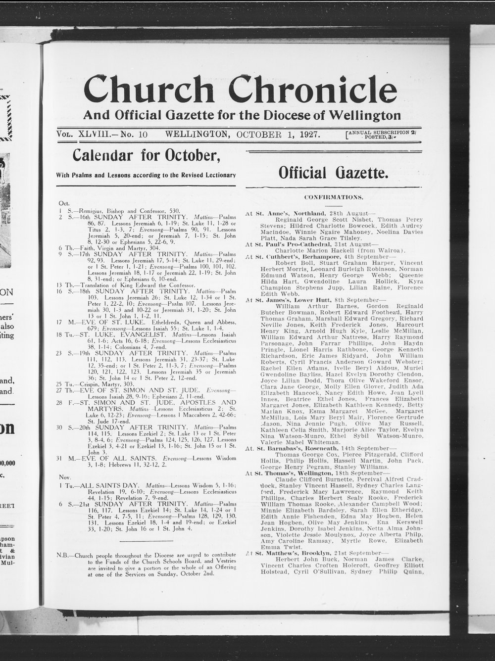 The Church Chronicle, Wellington: 1st October 1927