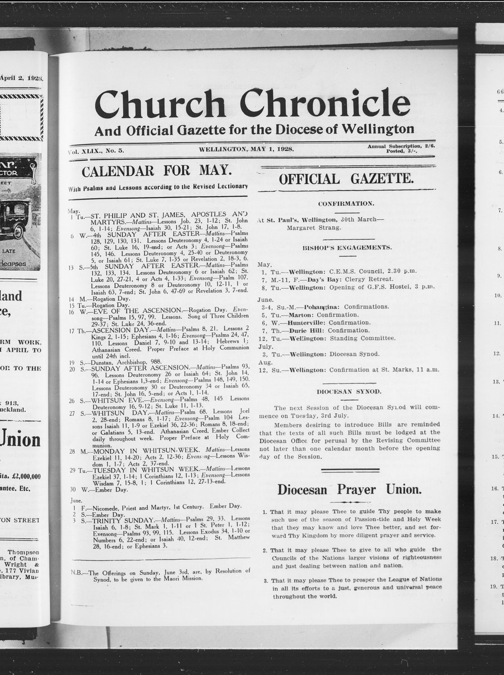 The Church Chronicle, Wellington: 1st May 1928