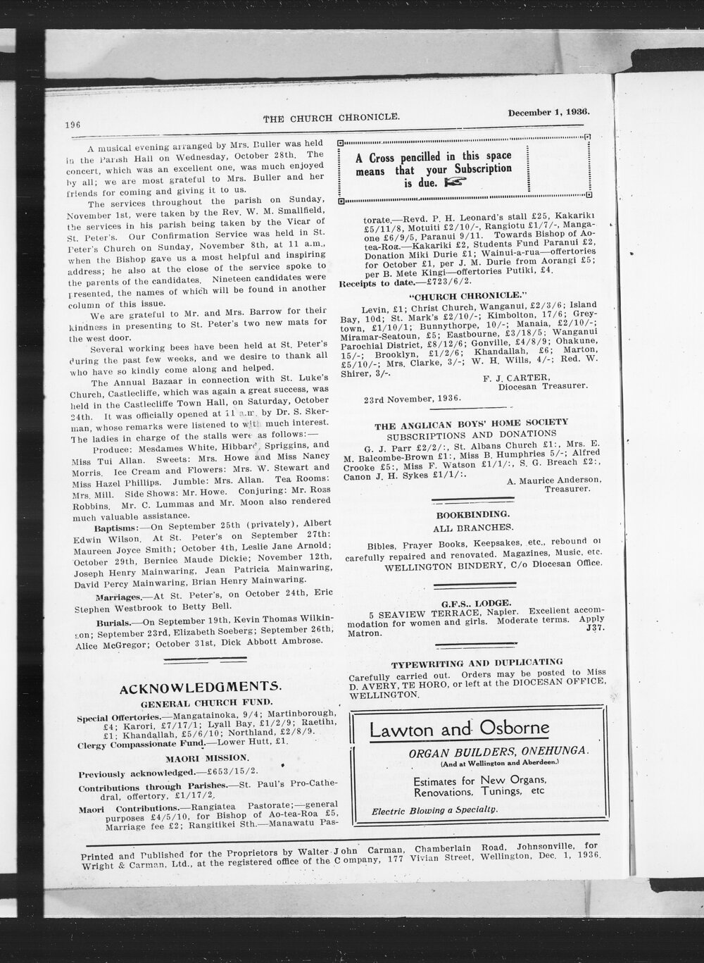 The Church Chronicle, Wellington: 1st December 1936