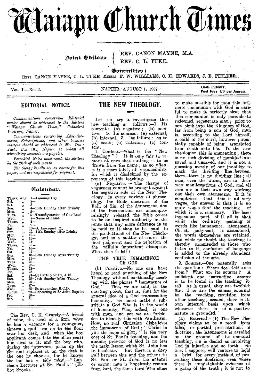 The Waiapu Church Times: 1st August 1907
