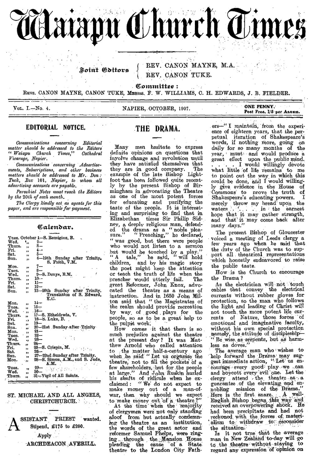 The Waiapu Church Times: 1st October 1907