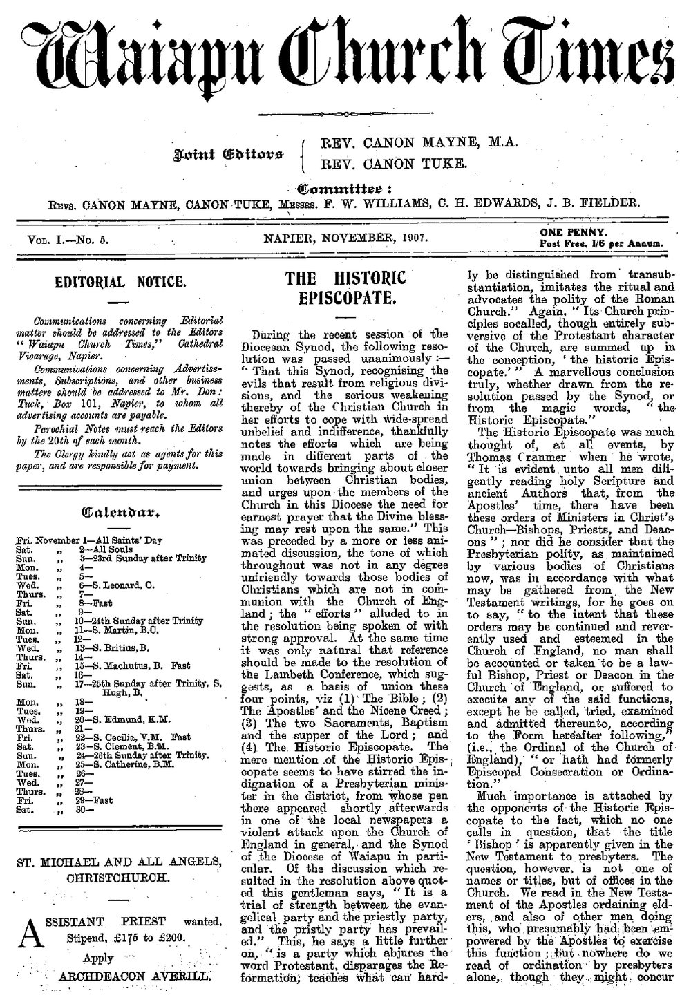 The Waiapu Church Times: 1st November 1907