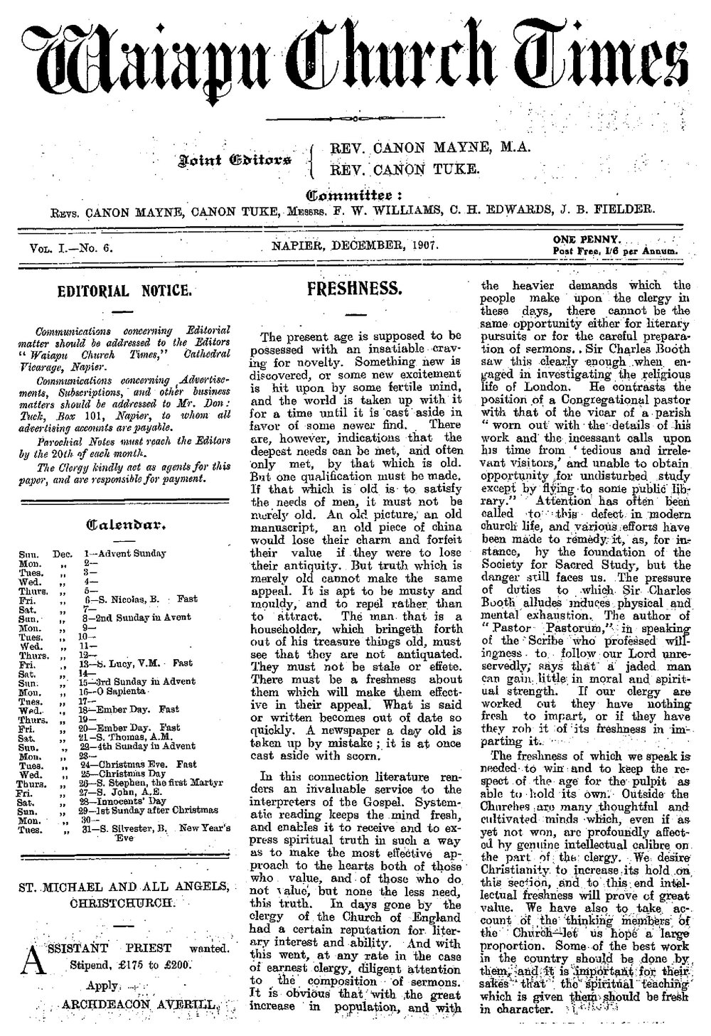 The Waiapu Church Times: 1st December 1907