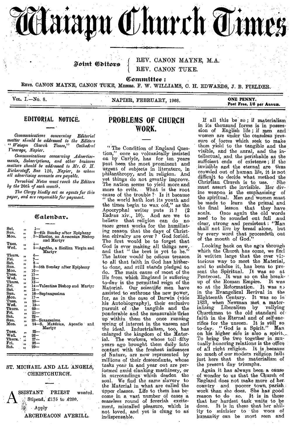 The Waiapu Church Times: 1st February 1908