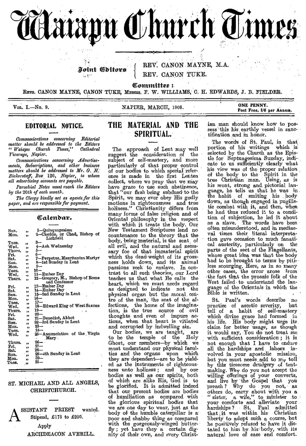 The Waiapu Church Times: 1st March 1908