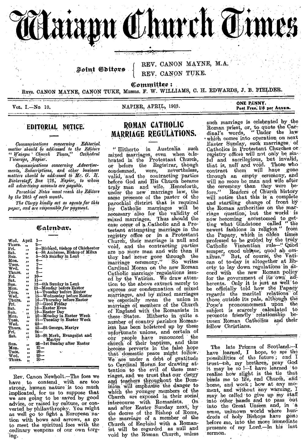 The Waiapu Church Times: 1st April 1908
