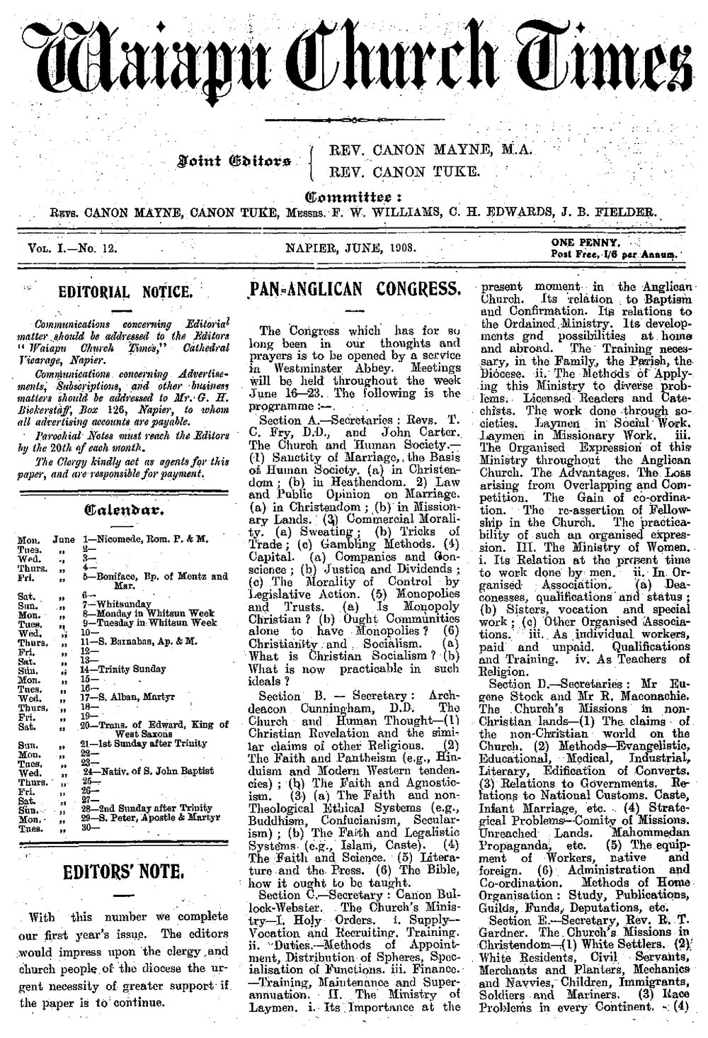 The Waiapu Church Times: 1st June 1908