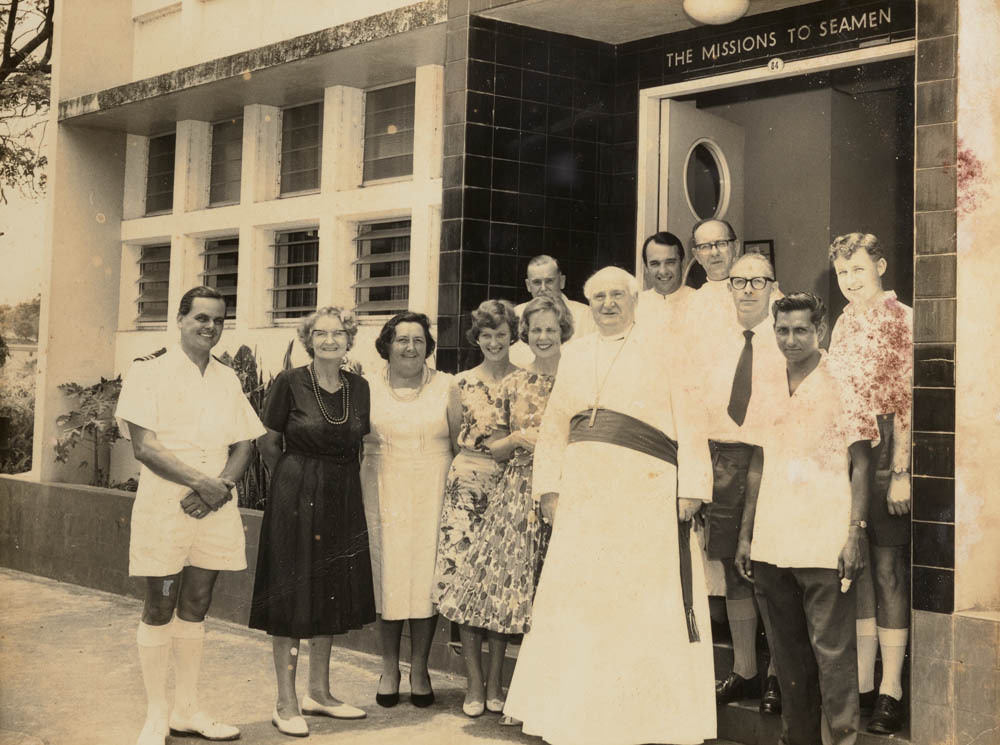 The Archbishop of canterbury Michael Ramsay in Fiji  to lay the foundation stone for the Pacific Theological College in Suva. This photo at the Missions to Seamen