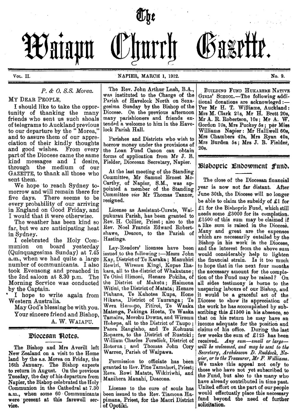 The Waiapu Church Gazette: 1st March 1912