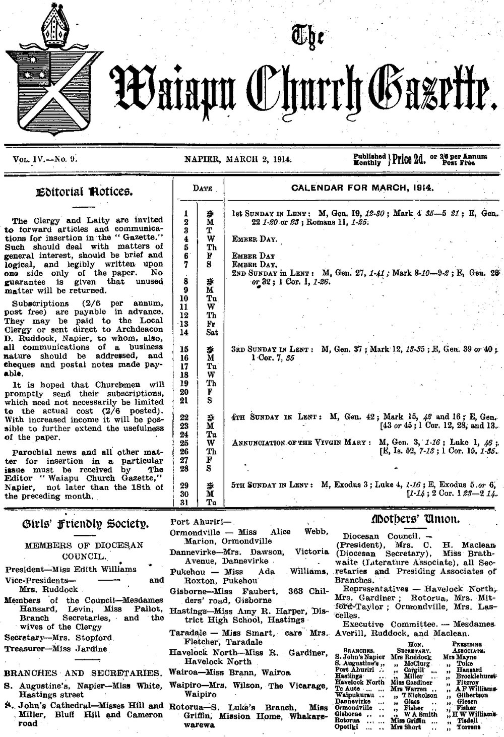 The Waiapu Church Gazette: 1st March 1914
