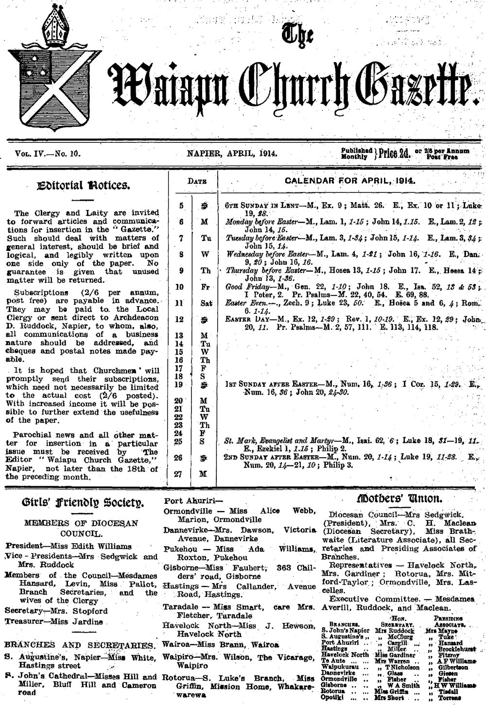 The Waiapu Church Gazette: 1st April 1914