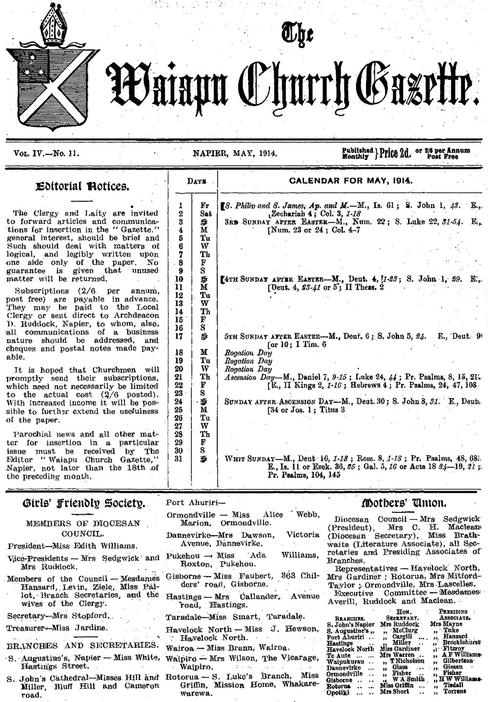 The Waiapu Church Gazette: 1st May 1914