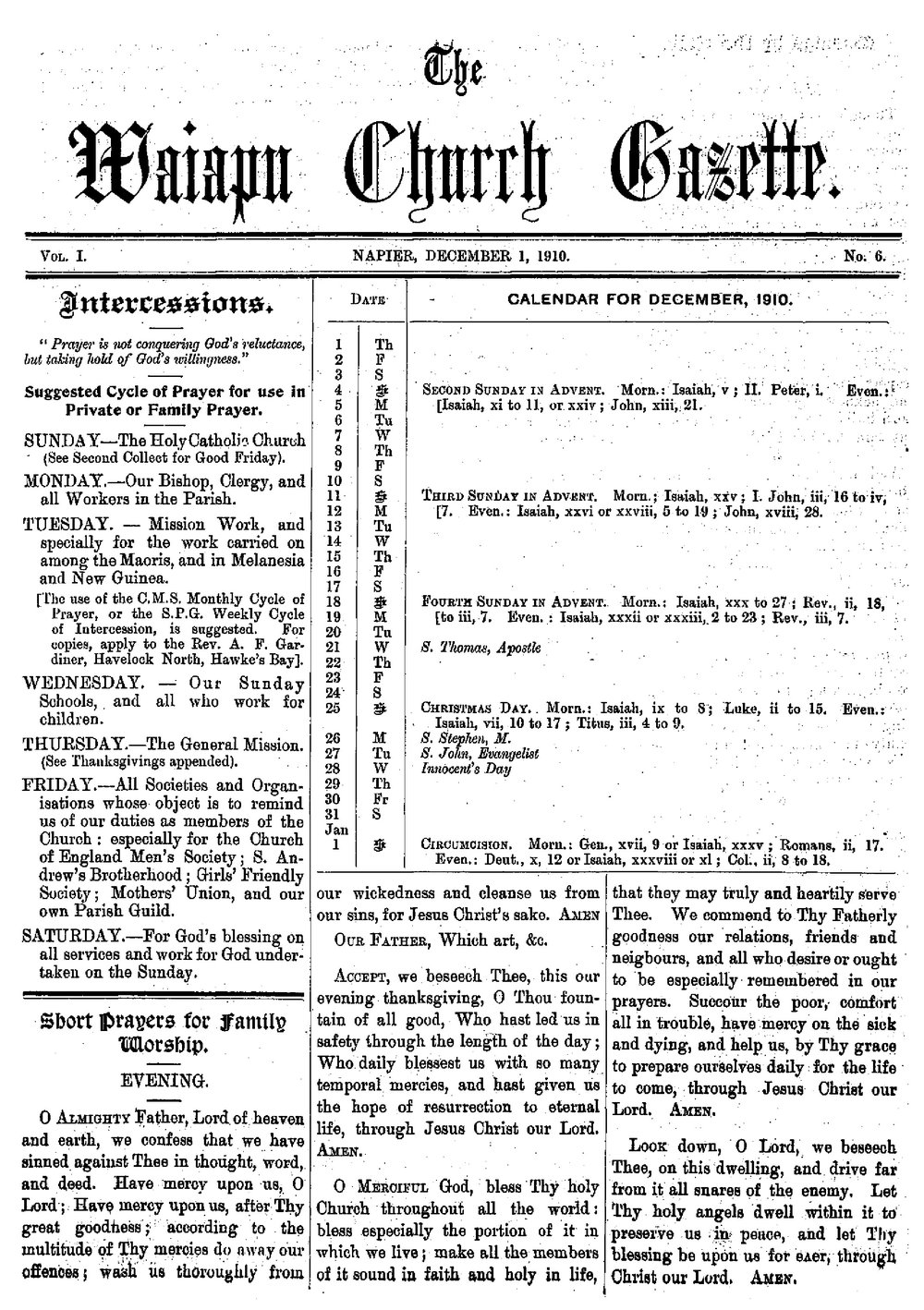 The Waiapu Church Gazette: 1st December 1910