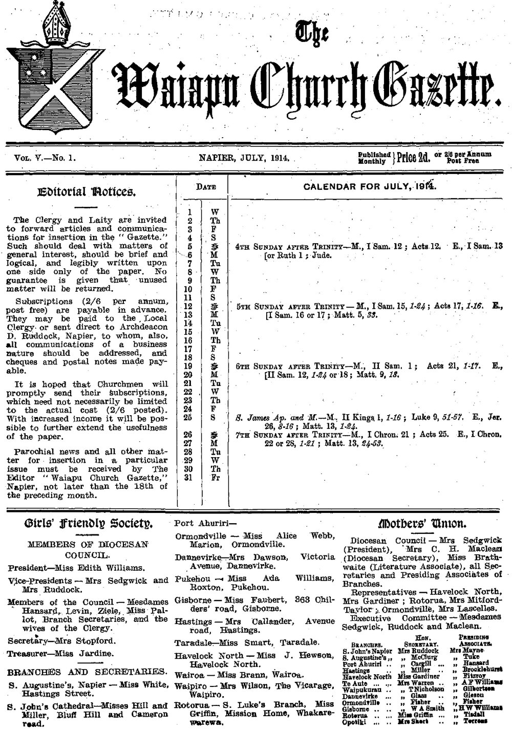 The Waiapu Church Gazette: 1st July 1914