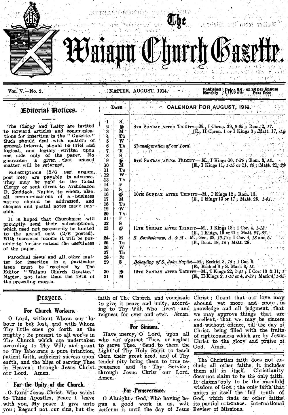 The Waiapu Church Gazette: 1st August 1914