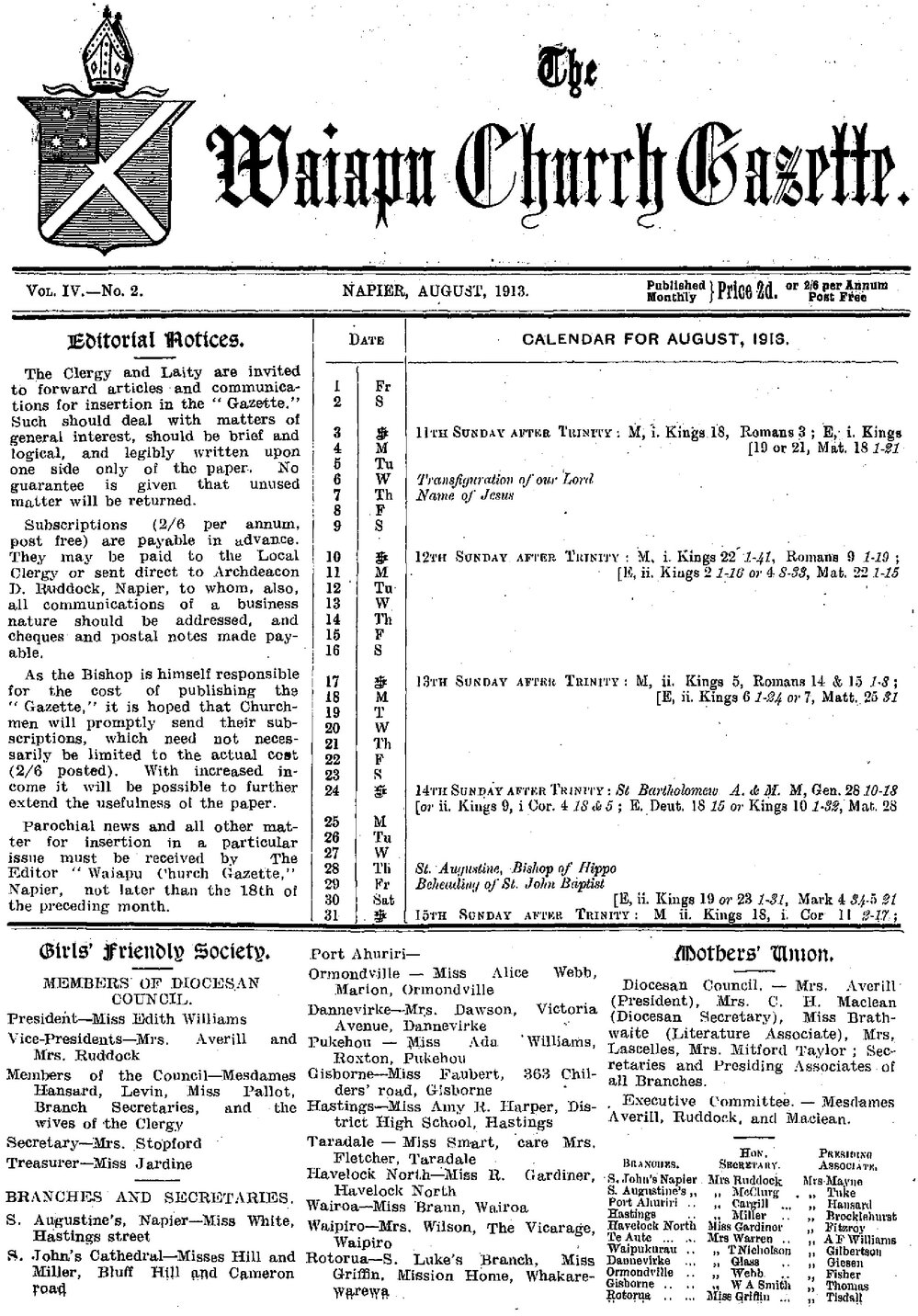 The Waiapu Church Gazette: 1st August 1913