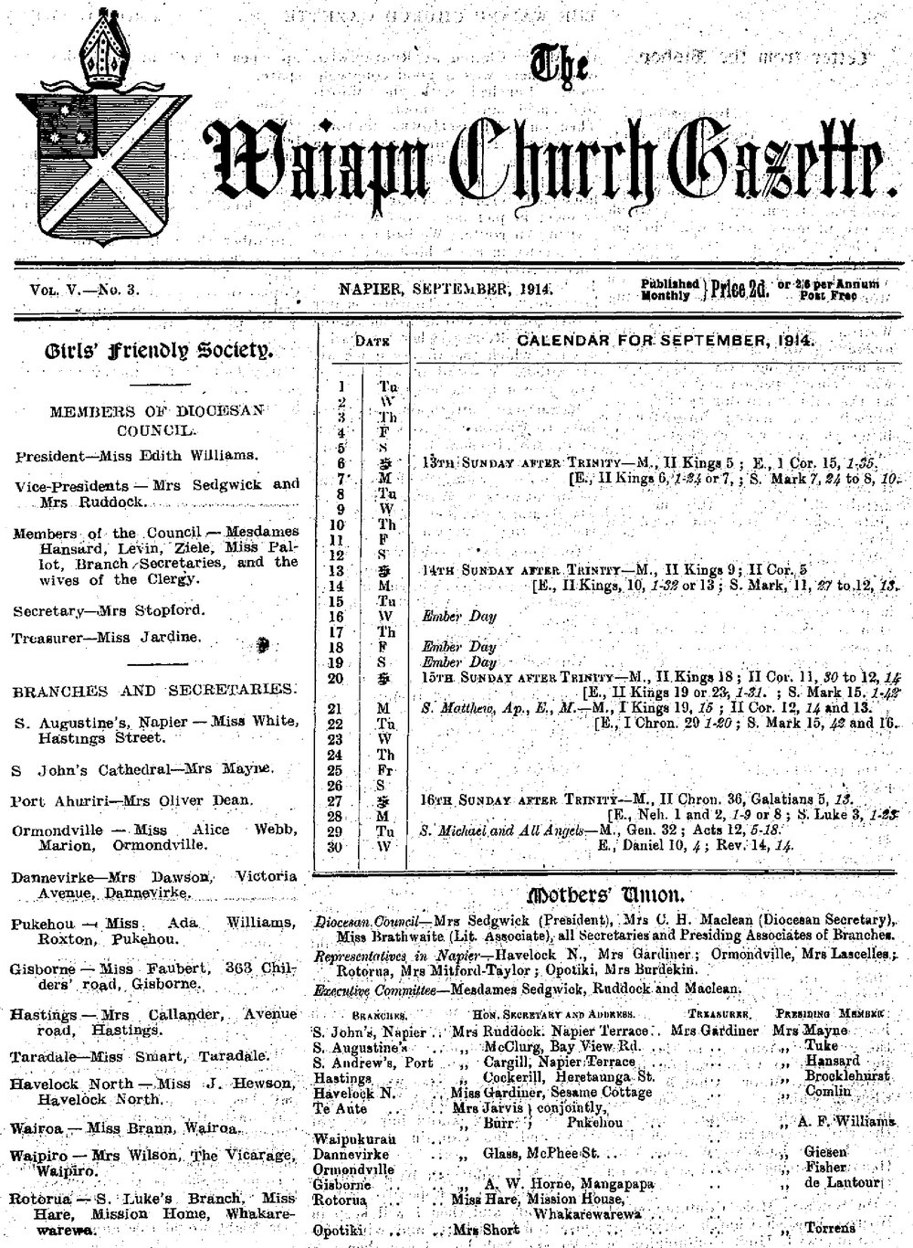 The Waiapu Church Gazette: 1st September 1914