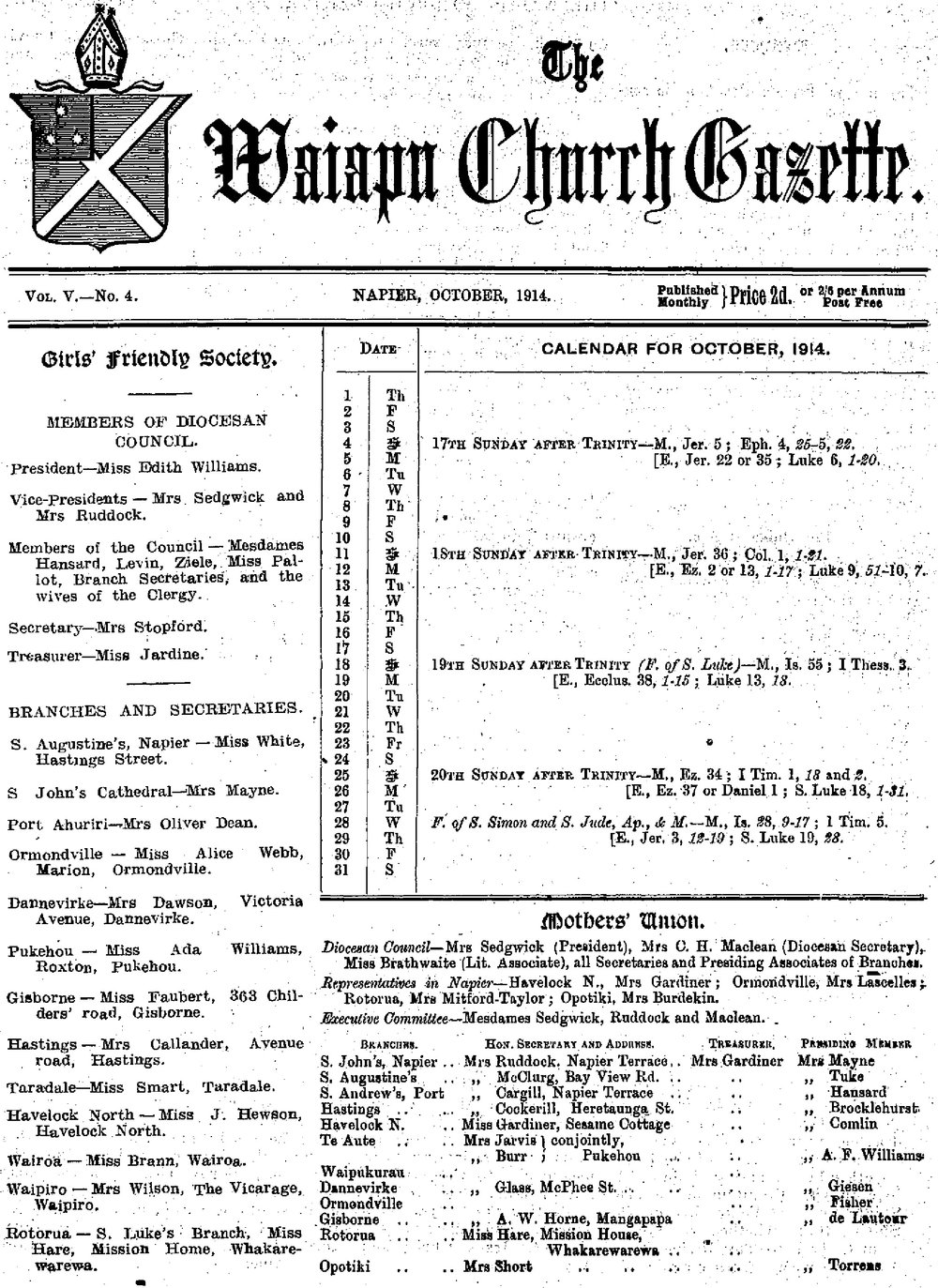 The Waiapu Church Gazette: 1st October 1914