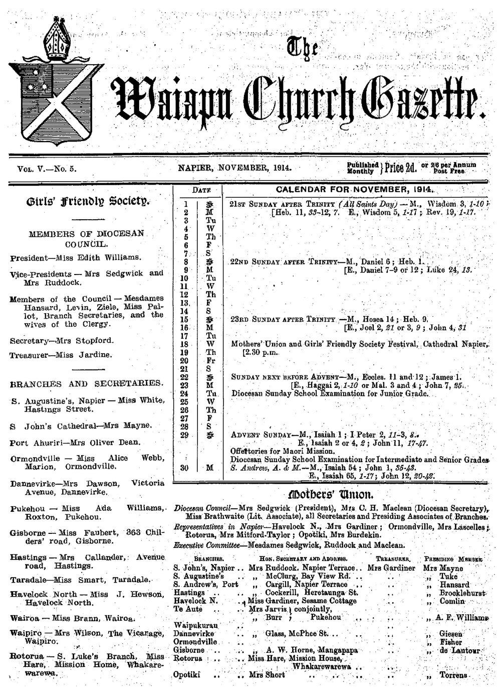 The Waiapu Church Gazette: 1st November 1914