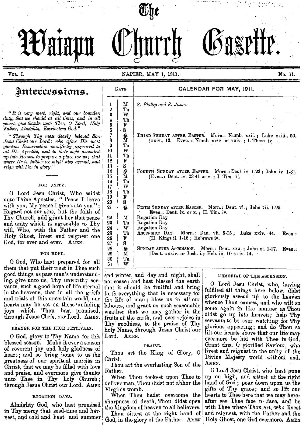 The Waiapu Church Gazette: 1st May 1911