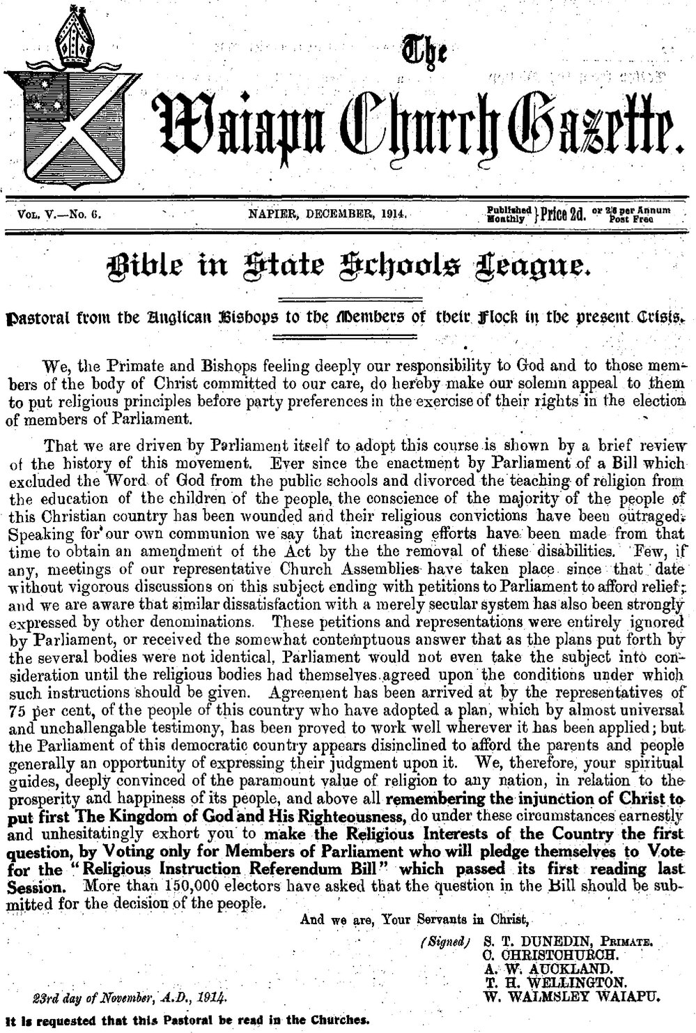 The Waiapu Church Gazette: 1st December 1914