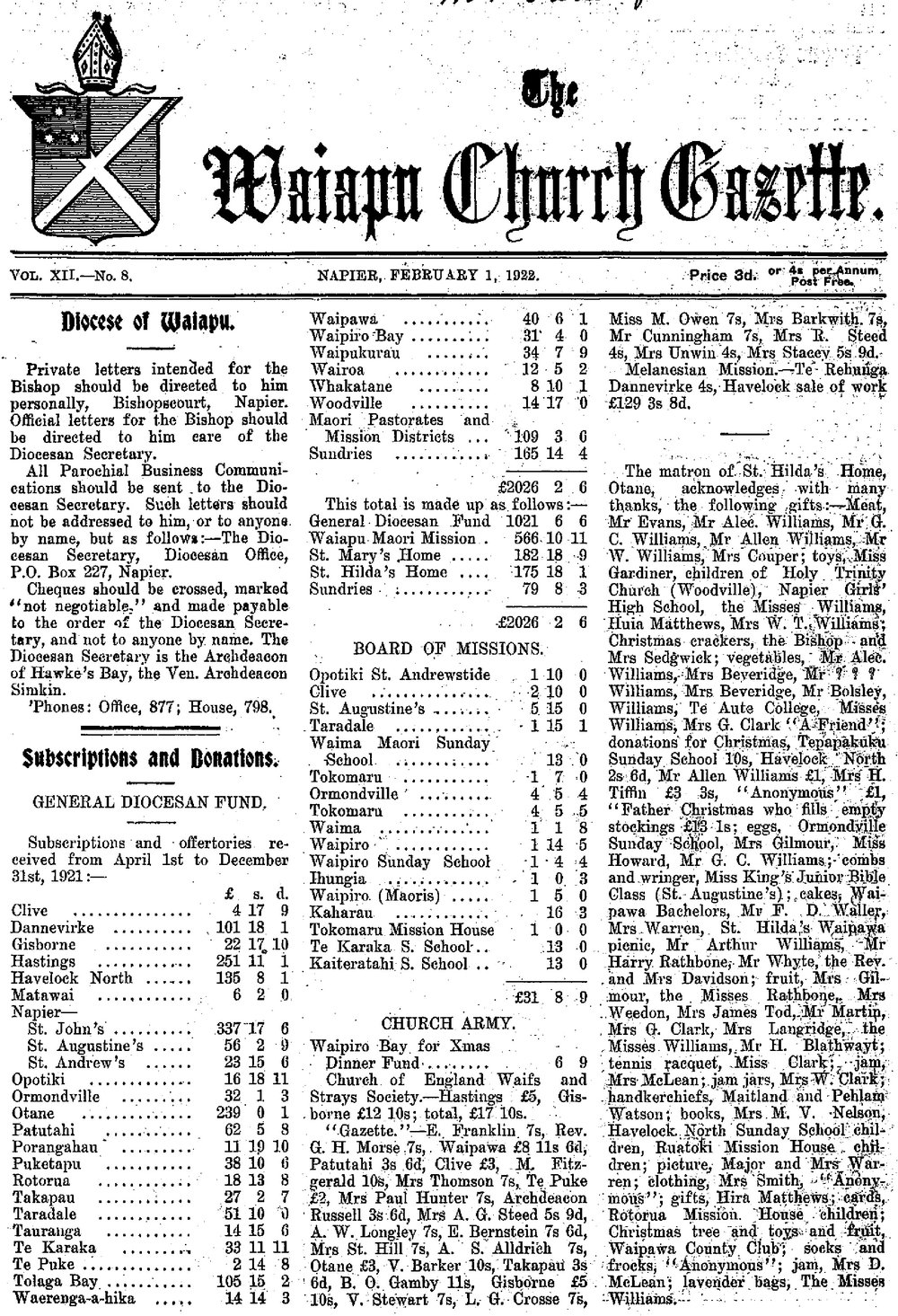 The Waiapu Church Gazette: 1st February 1922
