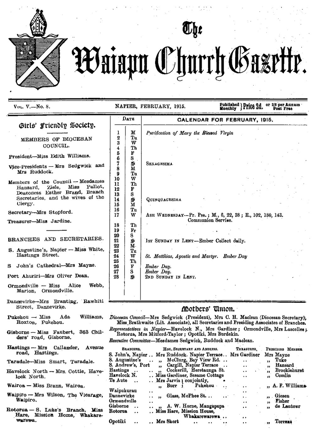 The Waiapu Church Gazette: 1st February 1915