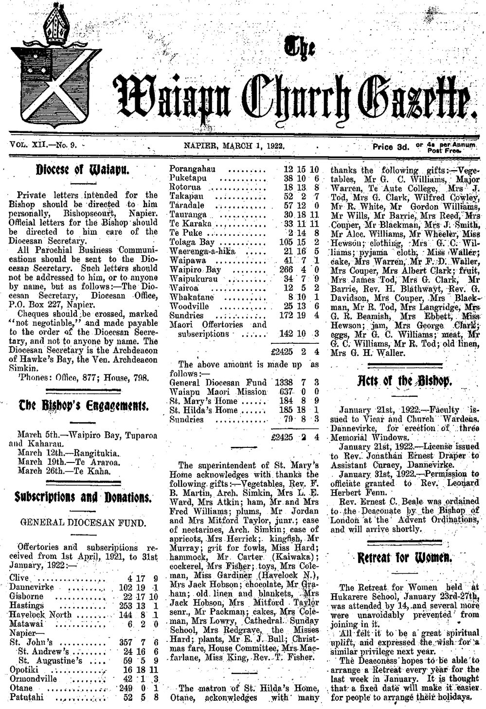The Waiapu Church Gazette: 1st March 1922