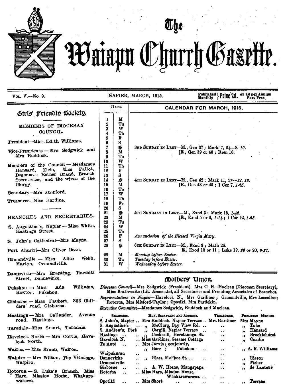 The Waiapu Church Gazette: 1st March 1915