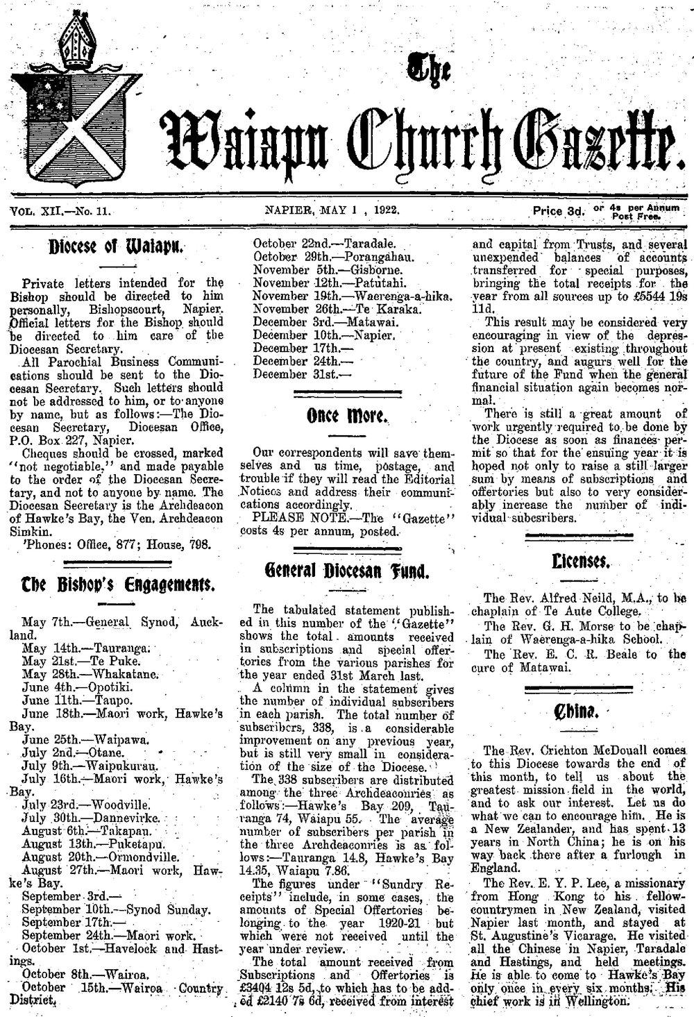 The Waiapu Church Gazette: 1st May 1922