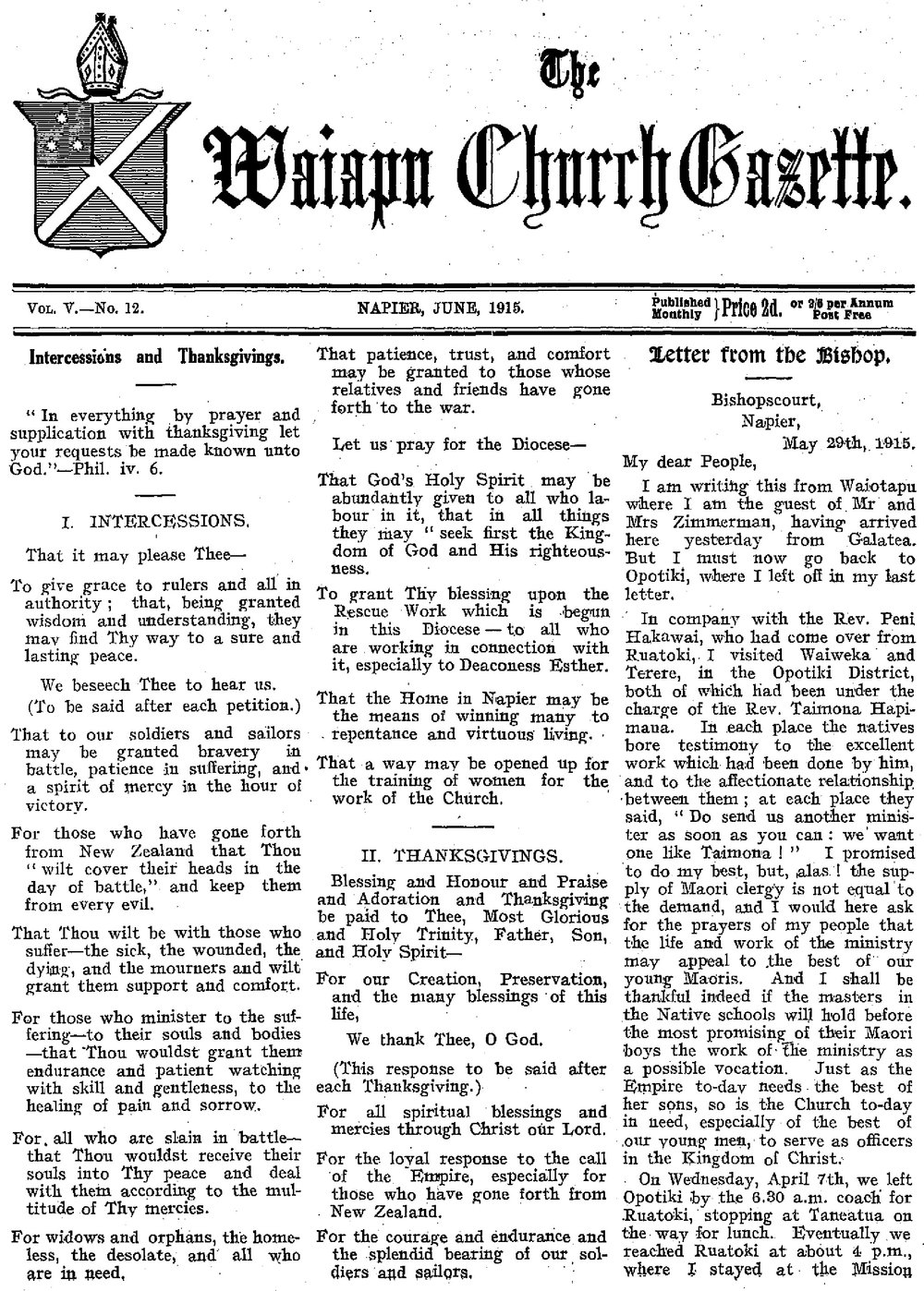 The Waiapu Church Gazette: 1st June 1915