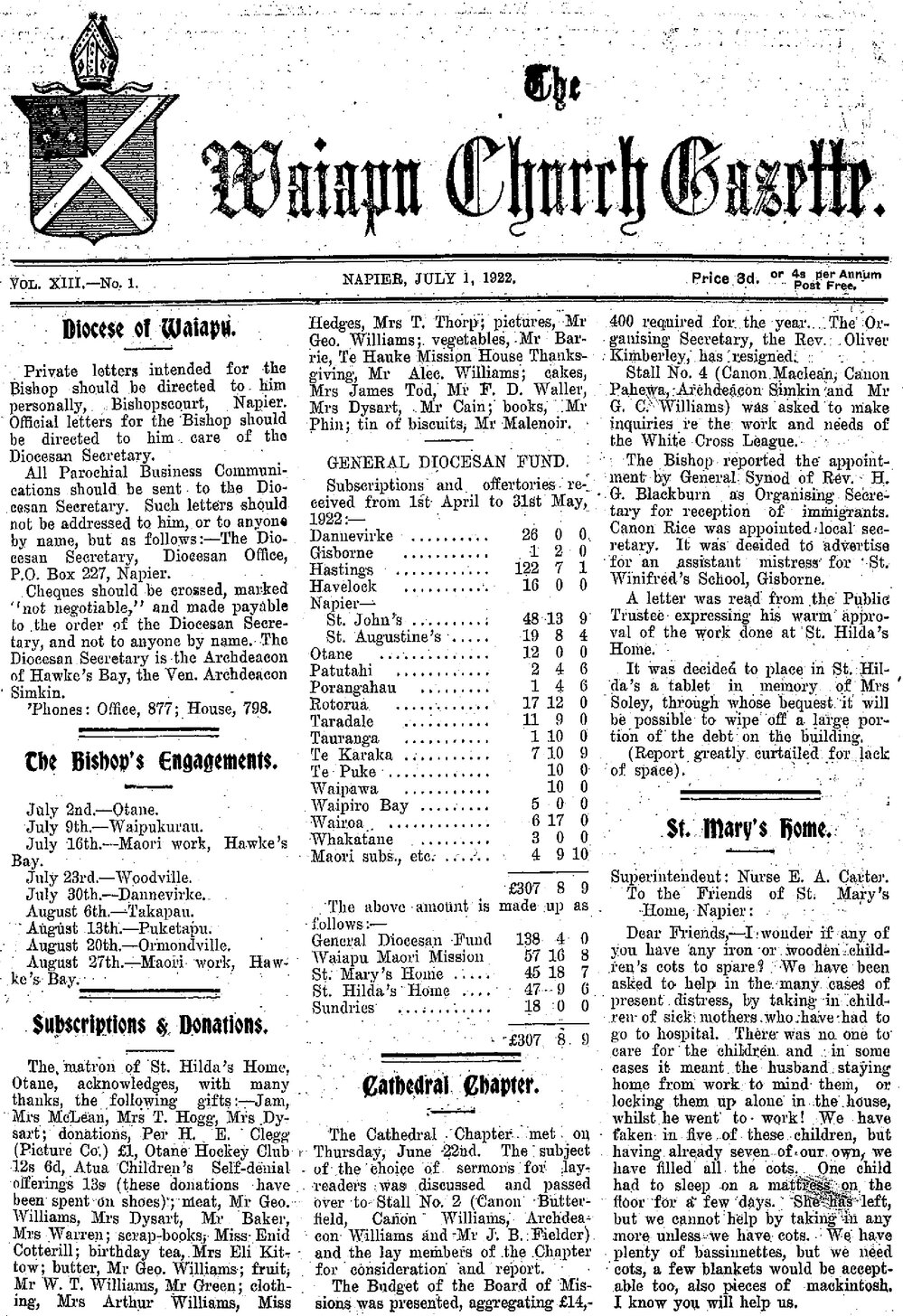 The Waiapu Church Gazette: 1st July 1922