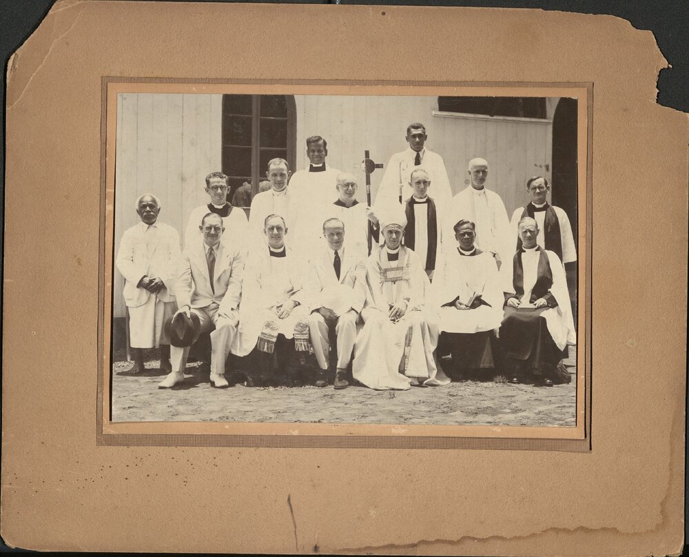 Bishop L.S. Kempthorne, Bishop of Polynesia with clergy of the diocese at an unknown ordination. 