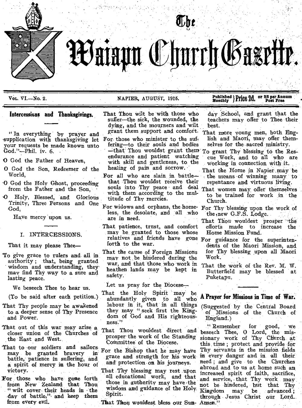 The Waiapu Church Gazette: 1st August 1915