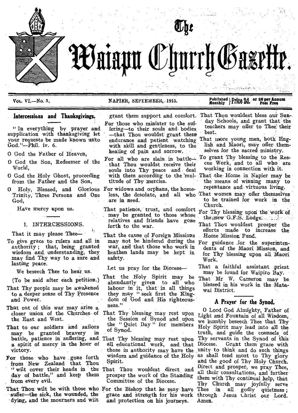The Waiapu Church Gazette: 1st September 1915