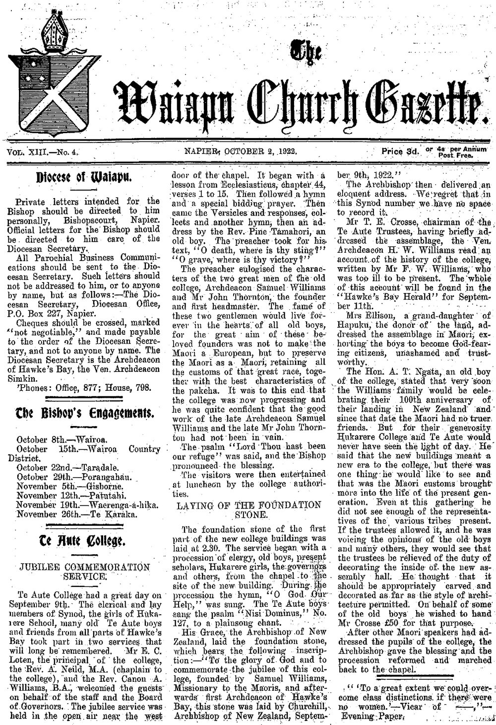 The Waiapu Church Gazette: 2nd October 1922
