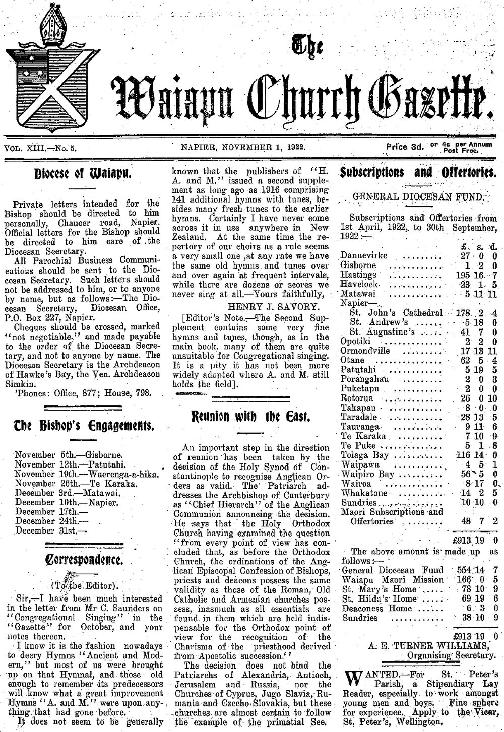 The Waiapu Church Gazette: 1st November 1922