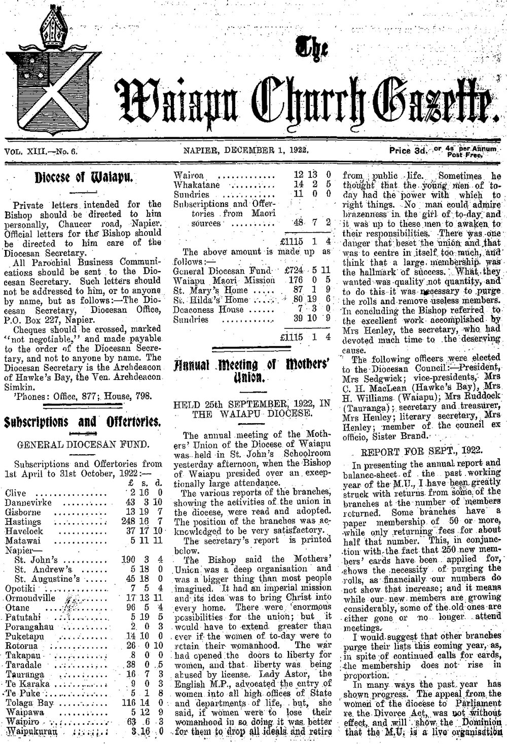 The Waiapu Church Gazette: 1st December 1922