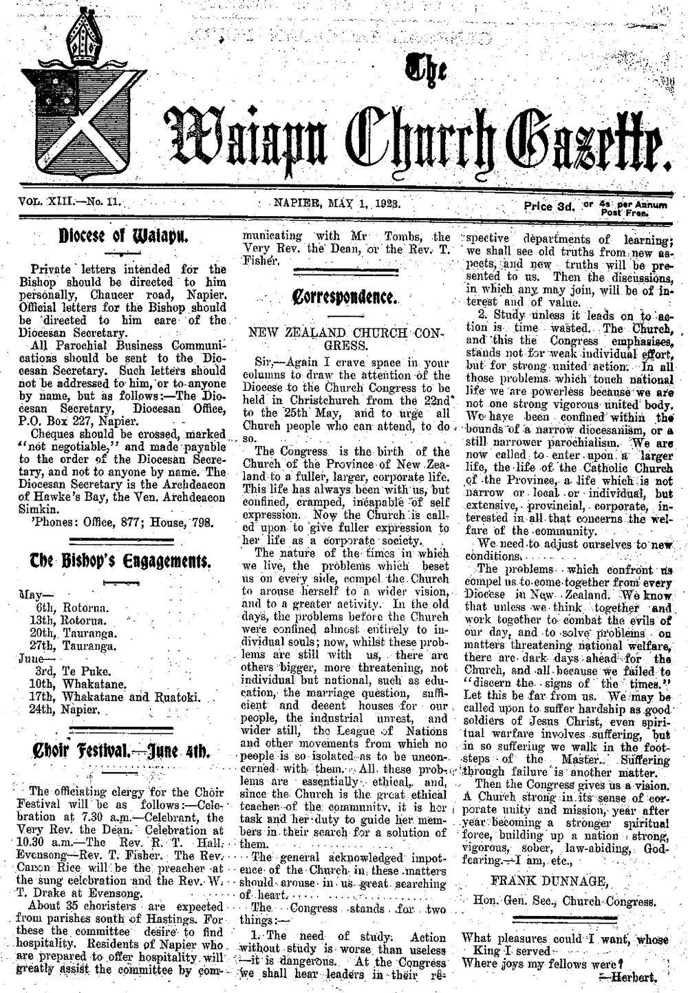 The Waiapu Church Gazette: 1st May 1923