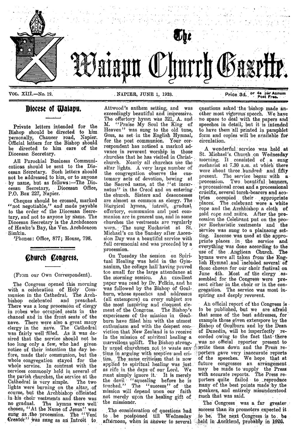 The Waiapu Church Gazette: 1st June 1923