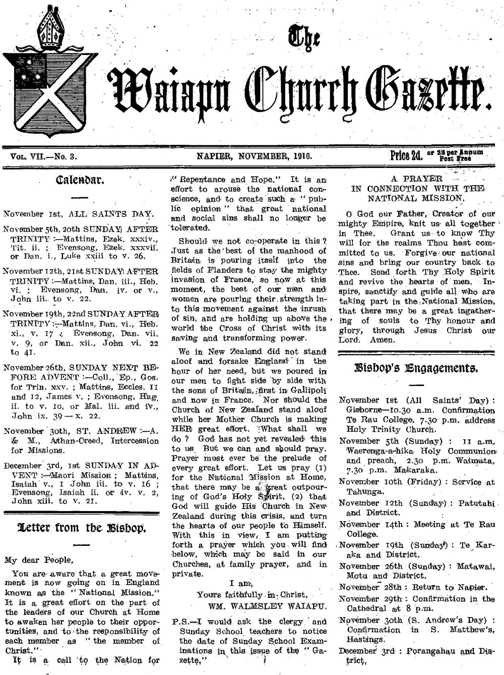The Waiapu Church Gazette: 1st November 1916