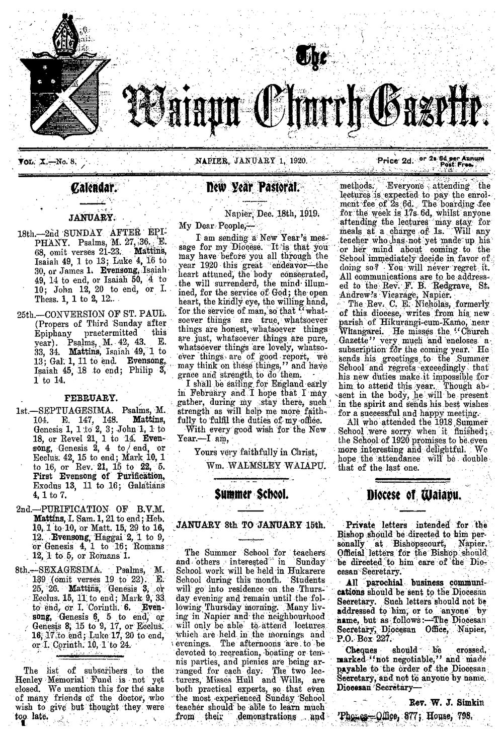 The Waiapu Church Gazette: 1st January 1920