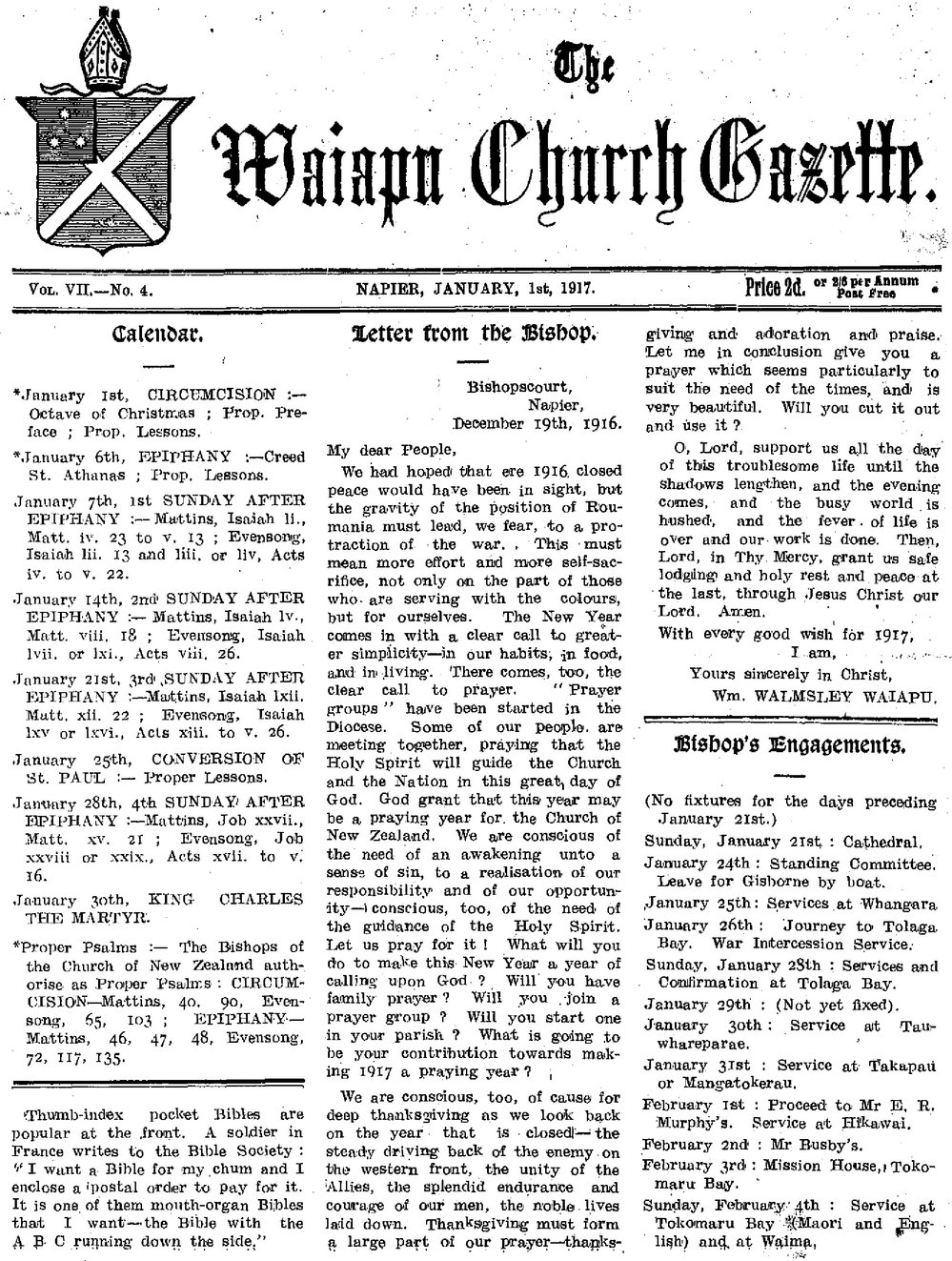 The Waiapu Church Gazette: 1st January 1917