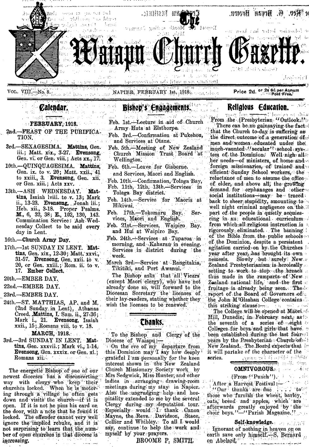 The Waiapu Church Gazette: 1st February 1918