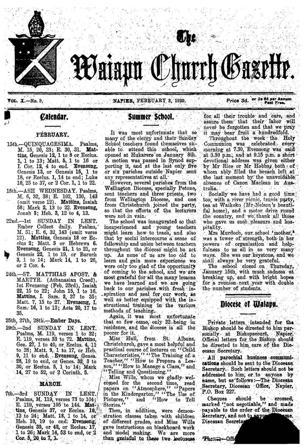 The Waiapu Church Gazette: 2nd February 1920