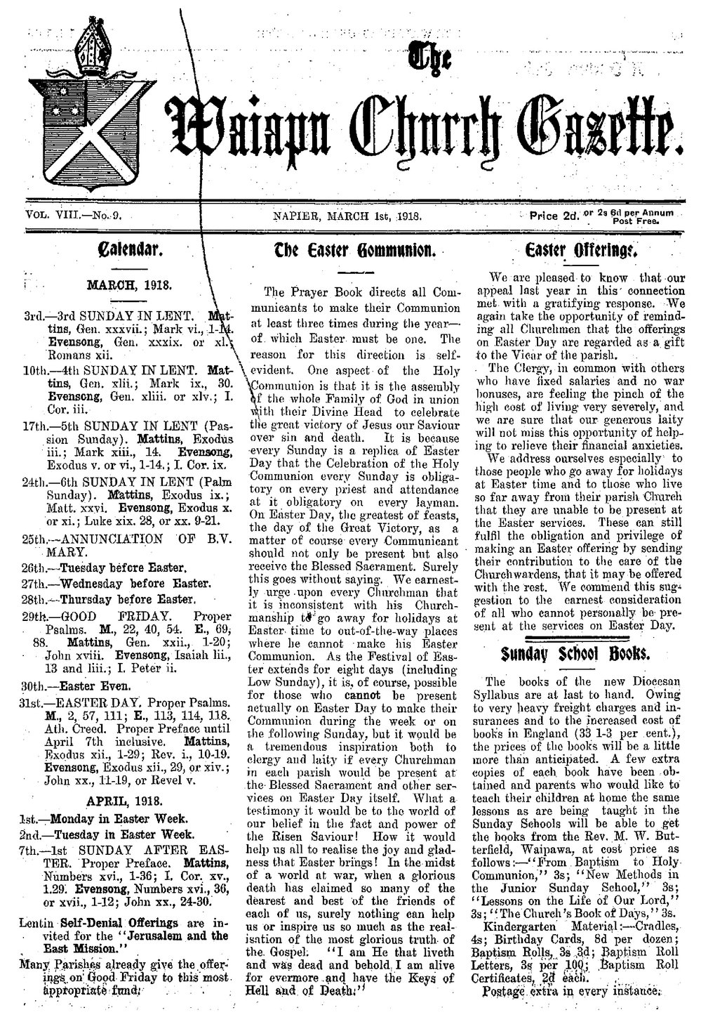 The Waiapu Church Gazette: 1st March 1918