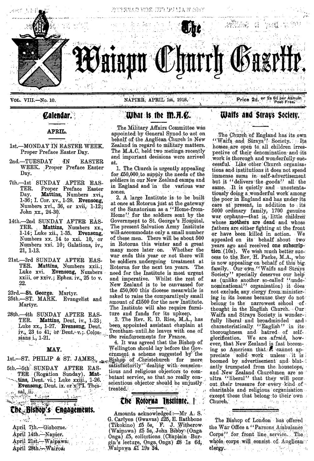 The Waiapu Church Gazette: 1st April 1918